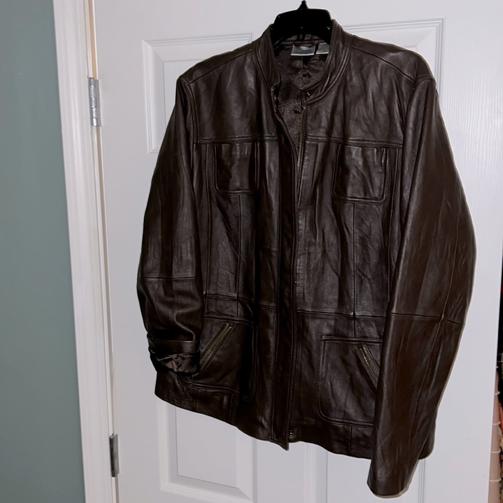 Chicos Davita Leather Jacket Size Small Brown Cafe Racer Biker Pockets Zippered